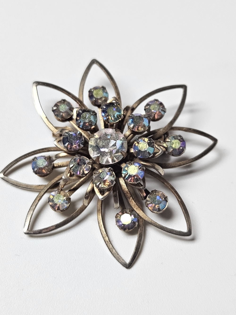 Vintage Iridescent Crystal Flower Brooch - Silver-Tone Sparkle